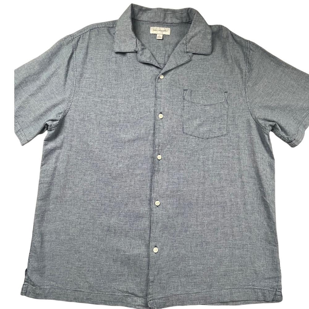 Free Assembly Mens‎ Blue Cotton Linen Short Sleeve Camp Collar Shirt Large 0265
